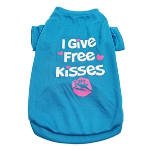 Detailed texture of blue cotton pet T-shirt with I Give Free Kisses print