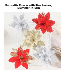 Macro shot of 14.5cm glitter artificial poinsettia flowers for Christmas tree decoration