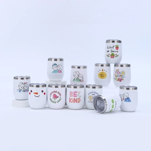 Macro view of 12oz stainless steel wine tumblers featuring various cartoon prints and slogans