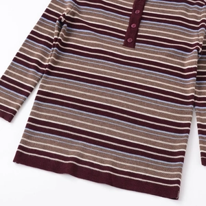 Women's crew neck striped long sleeve knit sweater with buttoned Henley collar details