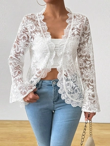 Elegant white lace open cardigan with bell sleeves and hollow floral patterns for women