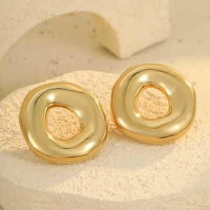 Irregular hollow round 18k gold plated stainless steel stud earrings in minimalist style
