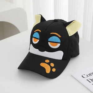 Close-up of black cartoon dog baseball cap with 3D ears and colorful embroidery