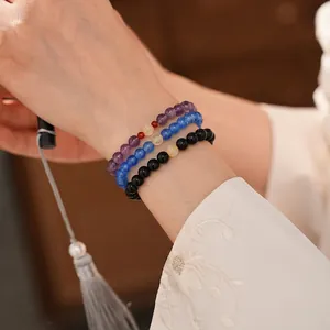 Beaded Bracelet Obsidian Amethyst Crystal Stone Elastic Round Beads Chinese Style Elegant Versatile Jewelry