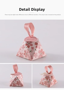 Detailed view of pink cherry blossom pattern pyramid gift box with silk ribbon handle
