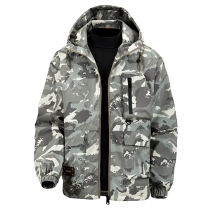 Men's outdoor camo hooded windbreaker with water-resistant fabric and utility pockets