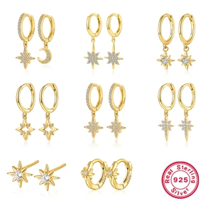 Eight Pointed Star And Moon Earrings 925 Sterling Silver Zircon Inlaid Minimalist Dainty Fashion Jewelry For Women