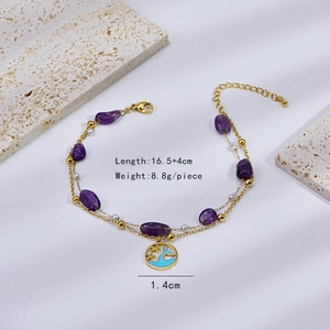 Detail of starfish anklet with size specs, 16.5 plus 4cm length and purple natural stone