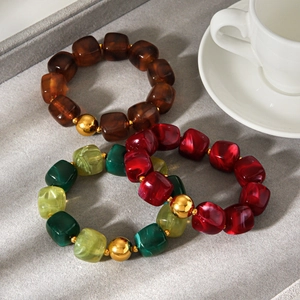 Chunky Beaded Bracelet Acrylic Resin Marble Texture Geometric Square Beads Alloy Ball Retro Vintage Style For Women