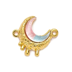 Golden moon-shaped pendant with pink and blue gradient enamel and side connector loops