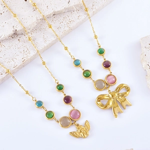 Bohemian Titanium Steel Colorful Cat's Eye Stone Bowknot Angel Pendant Necklace Gold Plated Clavicle Chain Jewelry For Women