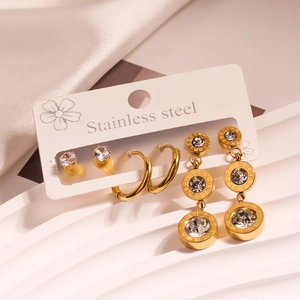 Three-pair gold stainless steel earrings set with Roman numerals and crystals