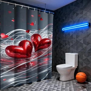 Detail of waffle print shower curtain with 3D red hearts and silver metallic lines