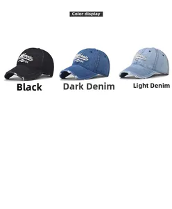 Detailed trio of vintage washed denim caps with California embroidery and distressed brims