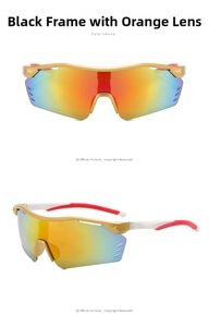 Detail view of gold frame cycling glasses with rainbow reflective lenses and side vents