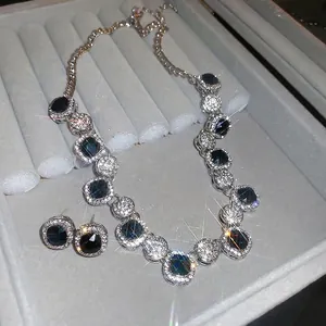 Geometric Square Necklace Earrings Jewelry Alloy Rhinestone Black Gemstone With Silver Earring Post Vintage Luxury Women