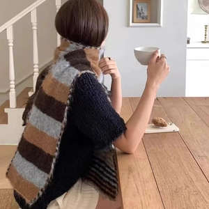 Fashionable color-block wool scarf with striped pattern in brown, grey and black tones