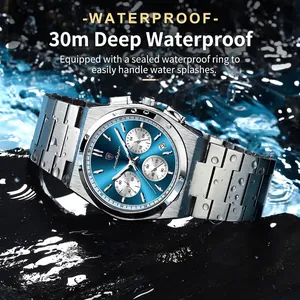 Waterproof men's chronograph watch with blue dial and steel strap on splashing water background
