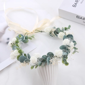 Adjustable floral wreath headband with white roses and eucalyptus leaves for brides