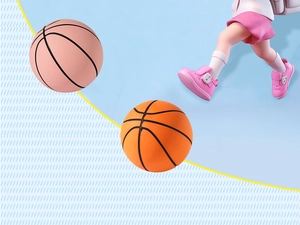 Detailed 3D rendering of mini elastic toy basketballs in orange and pink for kids