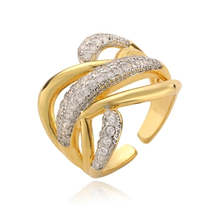 Modern dual-tone layered crisscross ring with zircons and 18K gold plated finish
