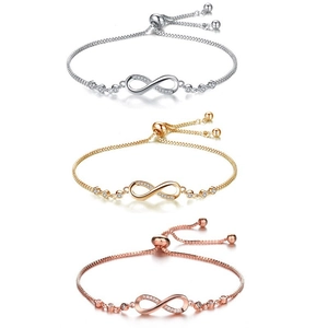 Three-color infinity symbol bracelets with white zircon, adjustable snake chain design