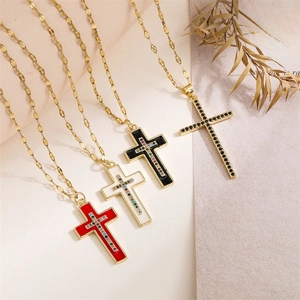 Cross Pendant Necklace Copper With Enamel And Multi Color Zircon Retro Religious Jewelry For Men And Women