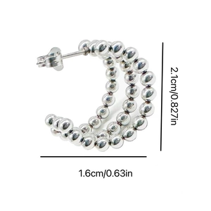 Silver C-shape beaded hoop earrings measuring 2.1cm by 1.6cm with a glossy metallic finish