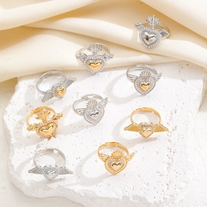 Gothik Herz-Ringe mit Flügeln und Krone in Gold und Silber, verstellbares offenes Band