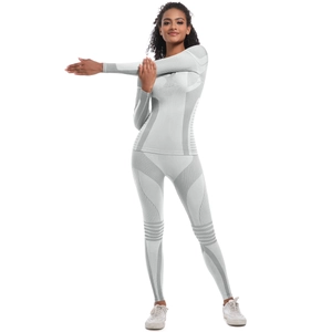 Detail of light grey seamless knit fabric with breathable mesh for yoga sportswear set
