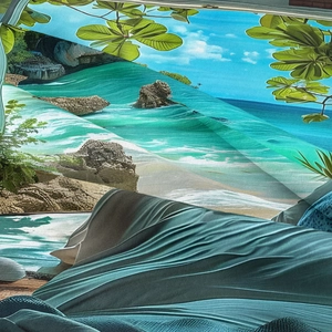Detail of tropical island tapestry showing vibrant sea print and polyester fabric texture