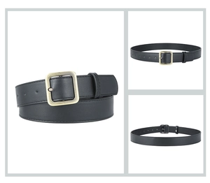 Detail view of a black PU leather belt featuring a vintage gold rectangular buckle buckle