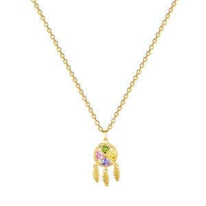 Luxurious gold clover dreamcatcher necklace featuring colorful crystals and leaf pendants