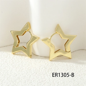Detailed close-up of gold hollow star earrings on a textured stone display pedestal