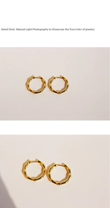 Macro detail of gold plated bamboo hoop earrings showing high quality metal textures