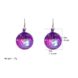 Detailed dimensions of purple disco ball earrings showing 4cm diameter and 17g weight