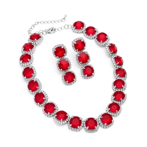 Elegant two-piece jewelry set with red round crystals and silver necklace chain for women