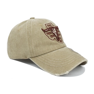 Detailed view of the vintage washed khaki baseball cap with distressed brim and Texas embroidery