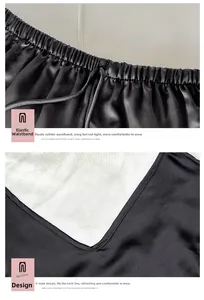 Detail of elastic waistband and V-neck design on black satin five-piece pajama set