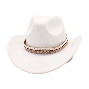 Detail of white western cowboy hat featuring ethnic star rivets and carved leather band