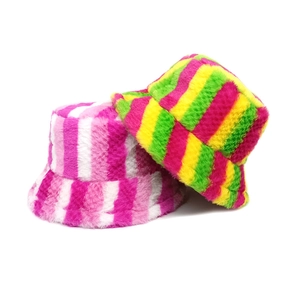 Striped Faux Fur Bucket Hat Plush Warm Winter Autumn Colorful Rainbow Stripe Fisherman Cap For Women Men