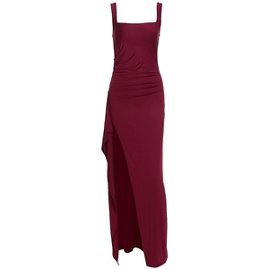 Detail of wine red maxi dress featuring a square neck and high side slit design