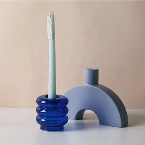 Artistic blue glass ring holder and grey ceramic arch vase set for minimalist decor