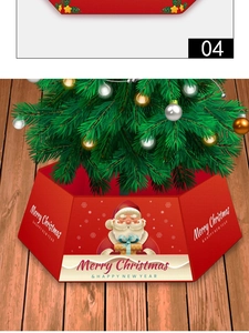 Detail of red Christmas tree collar with Santa Claus print and Merry Christmas text