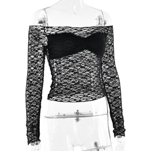 Front detail of black lace off-shoulder top with sheer floral mesh sleeves and opaque bodice