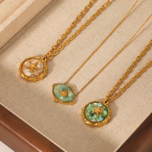 Stainless steel 18K gold necklaces with starfish seashell resin stone pendants