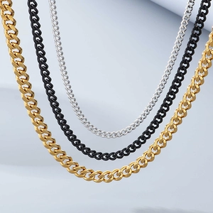 Polished stainless steel Cuban link necklace available in gold, black, and silver finishes