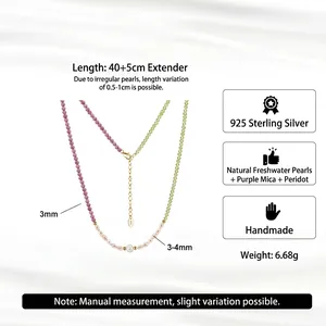 S925 silver necklace with natural pearls, lepidolite, and peridot, 40+5cm length
