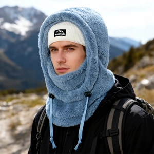 Sky blue plush balaclava and white knit beanie set for winter outdoor wind protection