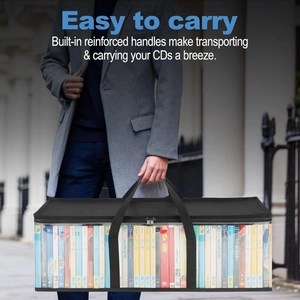Reinforced handles on black fabric storage bag with clear PVC windows for viewing items